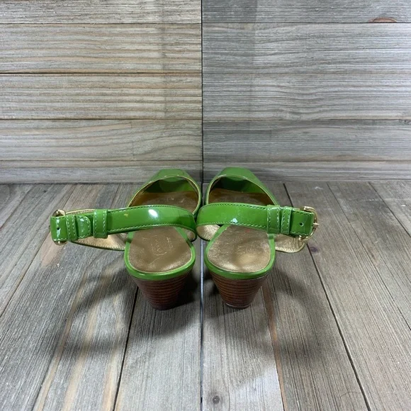 COACH Mackenzie Peep-Toe Wedges Green Gold Womens Size 6B Shoes - Picture 4 of 9